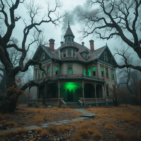 A dilapidated Victorian-style mansion stands desolate in an overgrown yard, its architecture hinting at a once grandiose past. The exterior of the house is weathered, with peeling paint and missing shingles, contributing to its eerie, abandoned aura. The m...