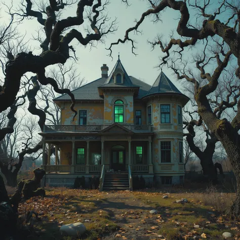 A dilapidated Victorian-style mansion stands desolate in an overgrown yard, its architecture hinting at a once grandiose past. The exterior of the house is weathered, with peeling paint and missing shingles, contributing to its eerie, abandoned aura. The m...