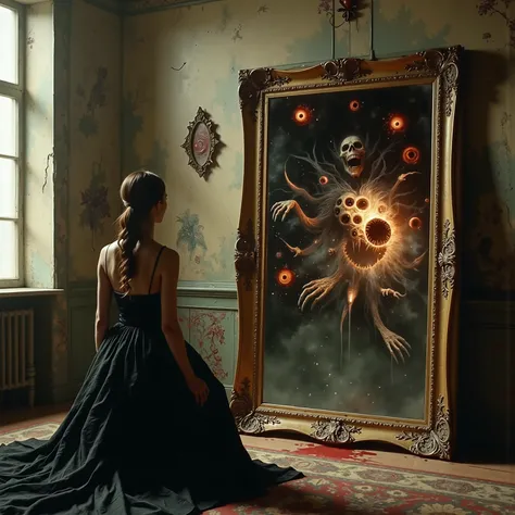 Nightmarish psychological horror portrait: Woman confronts cosmic horror entity in Victorian mirror, reality fracturing.
Mirror Horror Elements:
- Ancient eldritch entity with multiple shifting faces
- Writhing mass of ethereal tentacles made of shadow an...