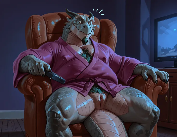 by Taran Fiddler, by Anhes, by uniparasite, Dragonborn, anthro, green scales, solo, long neck, long snout, bushy eyebrows, goatee, male, old, elderly male, mature male, grandpa, jowls, face wrinkles, gray body hair, facial hair, hairy chest, hairy, exposed...