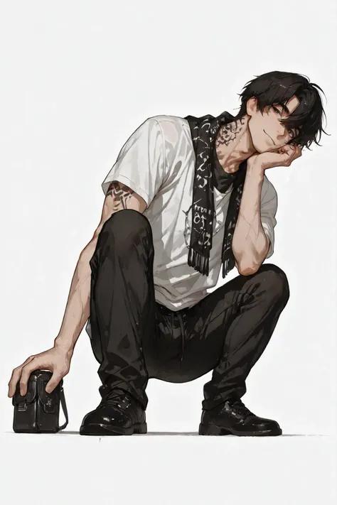 A breathtakingly handsome 28-year-old man, ultra-masculine and mature, with a chiseled jawline, sharp masculine facial structure, and intense deep brown eyes. Silky smooth black hair in a neat mash bob style like the reference image. Wearing a simple, tigh...