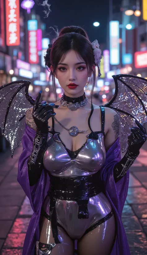 1 maiden, smoking pipe, Breasts, One, wings, Japanese clothes, holding smoking pipe, hair ornament, tattoo, kimono, Kiseru, black hair, décolleté, flower, hair pin, makeup, shoulder tattoo, lipstick, smoke, looks at the viewer, brown eyes, large Breasts, k...