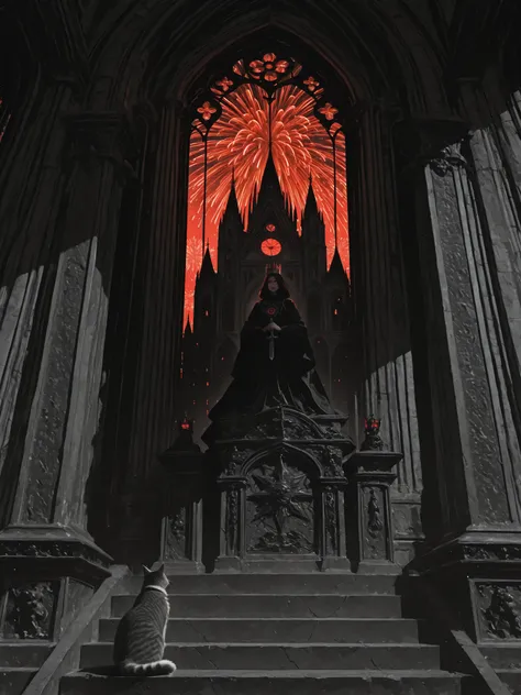 impeccable quality, super sharpness, photorealism, royal grey cat on a massive stone throne, ancient black demonic crown with rubies and sapphires, long fluffy wool shimmers in the sun, the ruler's harsh gaze, red eyes, dark brocade robe, banners with hera...