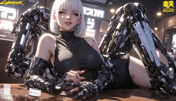 ((masterpiece)) (best quality , masterpiece) , (Cyberpunk2077 gal) , (meticulous and intricate cybernetic arms and legs) ("Cyber Hunter") , () , (day grey hair , short with bangs) , (Sensual blue eyes , sensual smile , teeth , middle chest) , (Generous cur...