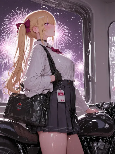 masterpiece, best quality, amazing quality, Very aesthetic, 
1 maiden, One, takamiya rion, nijisanji, Twintails, purple eyes, blond hair, medium chest,  Dark_ Art _style, 
detailed school uniform, detailed , 
shiny skin, mail courier on a motorcycle
city, ...