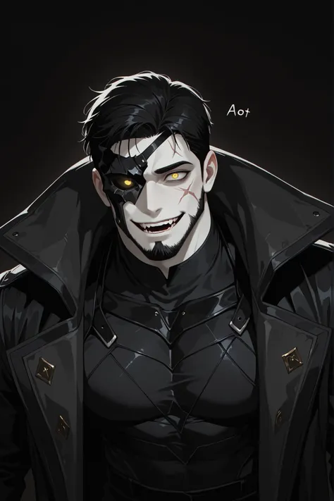 solo, 1boy, dnd, mature male, pale skin, black hair, short haircut with shaved temples, yellow eyes, muscular body, crazy, a scar on his face, black half mask, scar on face, cut beard, crazy wide smile, detailed face, long open black coat with a high colla...