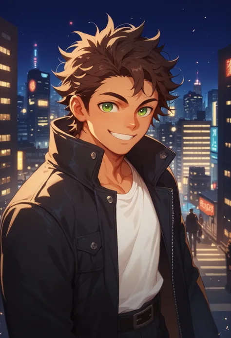 dark brown hair, man, green eyes, skin, strong, strong physique, white shirt, focus on character, city in background, night, smiling, cheerful, messy hair, looking at viewer, anime style, athletic, black coat, adult