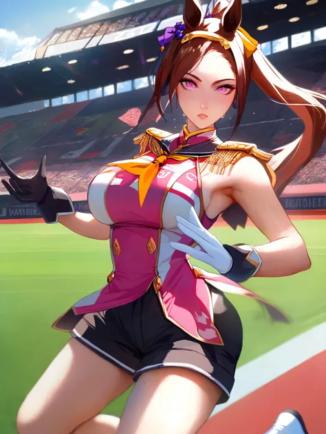 Highest Quality, masterpiece,viewers,Big Bust, big breasts, thighs thicker with canon, Soft Touch, Delicate Body Curves, Human anatomy, Armpit,sweat,solo, 1girl, I can't see the , Jirio Mahonoji, Glynn, staring at you, Running, ponytail, Gold Hairband, hor...