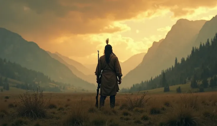 Ultra cinematic close-up shot inspired by The Last of the Mohicans. A lone Native warrior in traditional 18th-century clothing stands in the foreground, in sharp focus, filling most of the frame from the waist up, seen from behind with the head slightly tu...