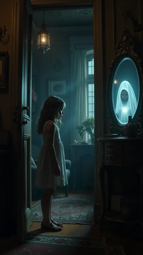 highdefinition image、poltergeist with lighting effect、The、a little girl is looking in a small room in a Western-style building、mirror shows another person in a small Western-style room、