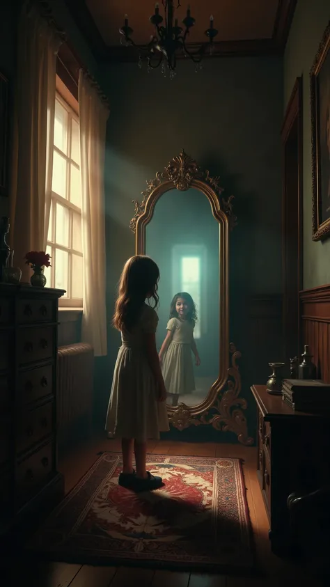 highdefinition image、poltergeist with lighting effect、The、a little girl is looking in a small room in a Western-style building、mirror shows another person in a small Western-style room、