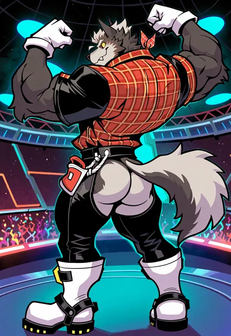 First of fourteen space cowboy werewolves from Dyne's harem! solo, alone, ass-less chaps, rodeo rope, spurs, open plaid shirt, wolf tail, handkerchief, hunky male, wolf man, wolf tail, thick muscles, hunky daddy werewolves from outer space! masterpiece, b...