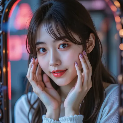 (She smiles at her face in the mirror:1.10), (Surreal RAW photo:1.8), cherry blossoms, Professional beauty portrait、purple A capture of Japan's top idol woman wearing contact lenses,  Ultra-clear focus 、accurate and detailed depictions of hands and fingers...