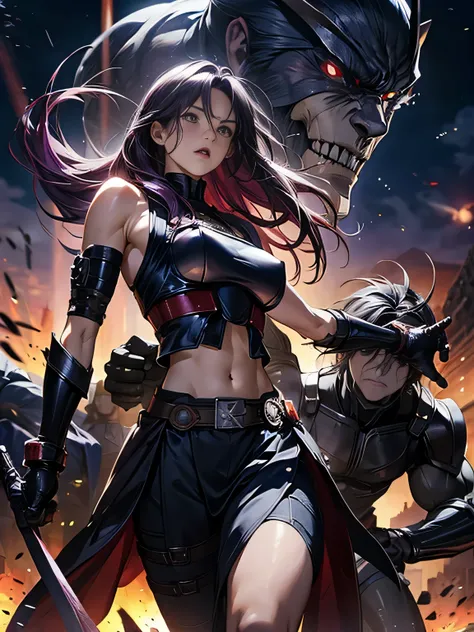 photorealistic、realistic Japanese anime、Captured by mutant、mutants captured by THANOS、facing front、beautiful woman with very long purple hair（Small breasts、sexy）、silver armor 1:5（sleeveless、breastplate、belly button out、thigh exposure）、、Tears overflow、scare...