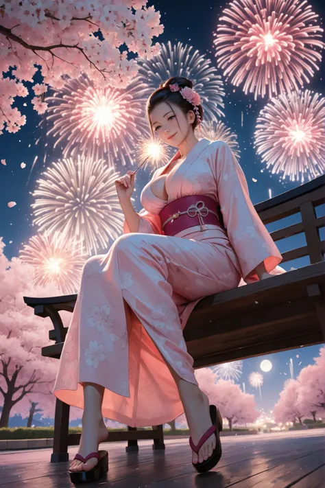 A young girl, with smooth, slightly glossy skin and a radiant smile, sits gracefully on a weathered wooden park bench beneath a breathtaking full moon.  Soft, diffused moonlight bathes her in a warm, ethereal glow, illuminating the intricate light pink and...