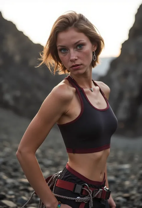 Photo of a young woman of exquisite beauty, Posing for a photo on a rocky mountain, She wears professional climbing clothes, She has short hair, ELA'A cold spring morning with the sun rising on the horizon [hourglass-shaped body, Uniform facial and bod...