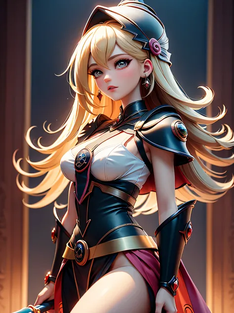 (best quality, highreedieval dark Magician girls, Usagi, beautiful detailed eyes, beautiful detailed lips, long blonde hair, warrior, moon symbol, magical scepter, golden tiara, flowing cape, confident posture, moonlit night, enchanted forest, mystical aur...
