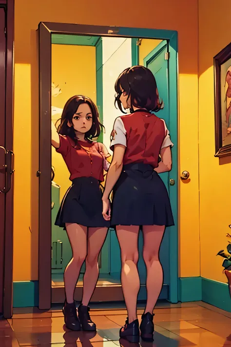 Dark Twin: The reflection is a shadowy doppelgänger, reaching out from the mirror as if trying to escape.