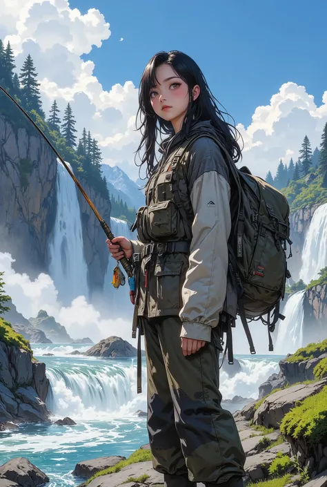  A woman fishing with ,  masterpiece、Hi-Res 8K、sharp focus、contrast lighting、ultra high definition、ultra high definition、Detailed CG、that'It's Snowing、Low Angle、full body shot、beautiful woman、Beautiful Eyes、(face details:1 2)、narrow eyes、almond eye、bro...