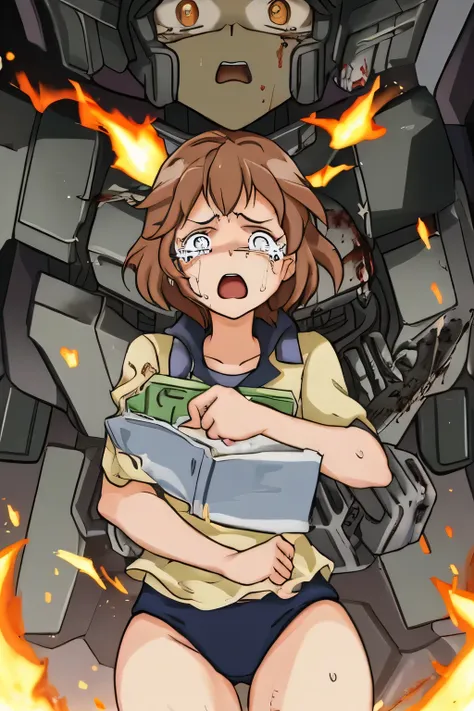 cockpit_explosion, fire, electricity, screaming, explosion, science fiction, wide-eyed, tearing clothes, standing, blood, scared, sweat, crying, mecha, torn clothes, tears, cockpit,1girl、wearing black gymnastics bloomers,high leg,white blouse,cowboy shot,s...