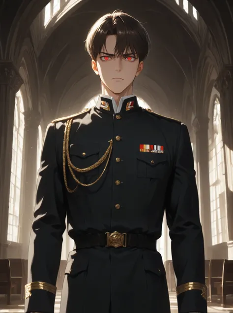 masterpiece, good resolution, good quality, newest. good anatomy, good lighting, safe. Adult Male, I bet, anime. Dark brown hair, short hair, military hairstyle.  DEEP RED EYES . piel clara, slim build,  muscular figure . He Is 58 Years Old, He measures 1'...