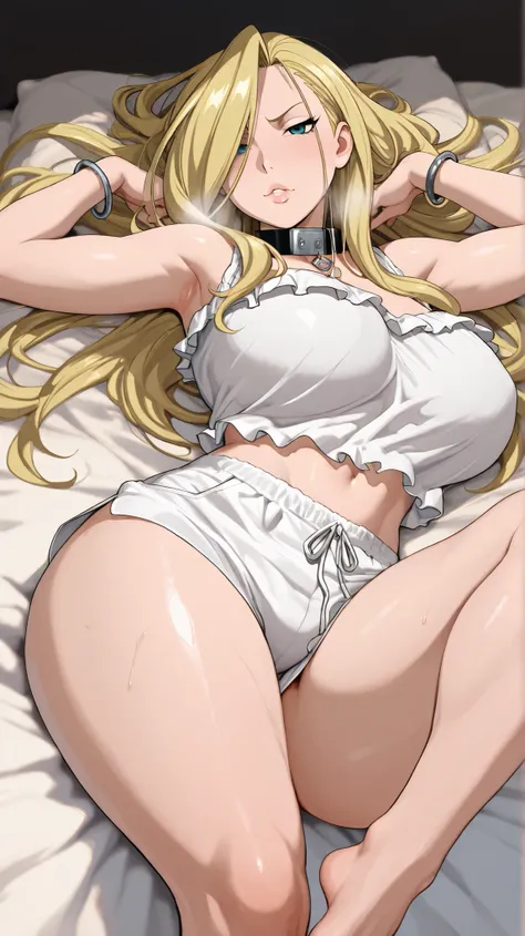 (( the best quality )), ((masterpiece)), ( details), Olivier Mira Armstrong de Fullmetal Alchemist, rear, long blonde hair, face up, thick thighs , big breasts, waist, of foot, [in heat, seductive, face of pleasure, ecstatically, blouse, bare should...