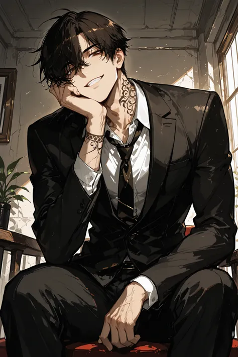 masterpiece, best quality, ultra detailed, high resolution, 2D anime style illustration, handsome 28-year-old man, short perfectly straight silky black hair, no spikes, no messy strands, perfectly smooth and neat, natural flow framing the face, deep brown ...