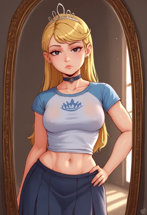 gigantic saggy breasts, skinny, huge hips, looking at viewer, 1o1a, blonde hair, tiara, Black eyes, earrings, necklace, choker. | (masterpiece:1.5), illustration, 4k, 8k, (high quality:1.1), highly detailed, detailed face, HDR, vivid colors, natural light...