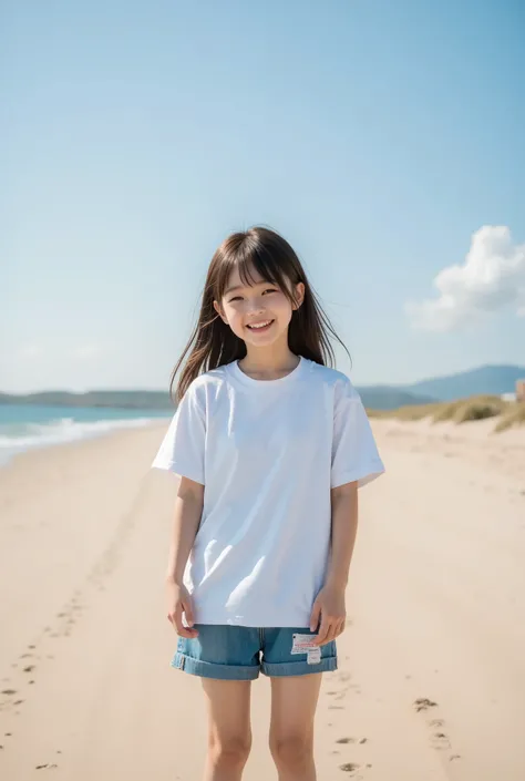 highest quality, masterpiece, 8k, highest resolution, very cute japanese girl、cutest girl in japan, very young, junior idol, long hair, white t-shirt, denim shorts、outdoor、realistic、Full Body, sandy beach、laughing, open mouth, short legs