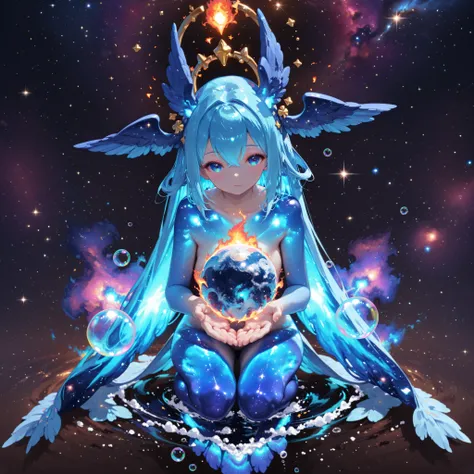 masterpiece, best quality, ultra detailed, fantasy illustration, (beautiful siren:1.2), 1girl, solo, full body, floating, skyblue skin, (nude:1.2), (naked:1.2), (Cosmic body:1.2), hairless, bird tail, skyblue bird tail, (large blue head wings:1.2), detaile...