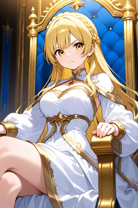 blonde hair、crown braid、air bangs、gold eyes、princess、16 years old、throne room、sitting on the throne、crown、white gown、gold trim、serious、