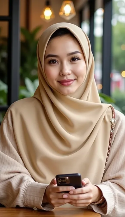 comic, art, realistic, ultra-realistic portrait of a beautiful young woman with a warm round face shape, wearing a soft beige hijab and pastel outfit, holding a smartphone in her hand, seated in a cozy outdoor café, {soft bokeh background of greenery and w...