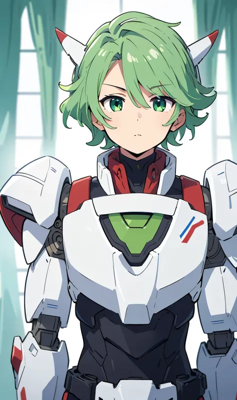 (high-quality, breathtaking),(expressive eyes, perfect face) 1boy, male, solo, white hair, fluffy wavy hair, bright green eye color, short hair length, Symmetrical Eyes, portrait, positive expression, stylized hairstyle, mecha musume, robot, gundam, mecha,...