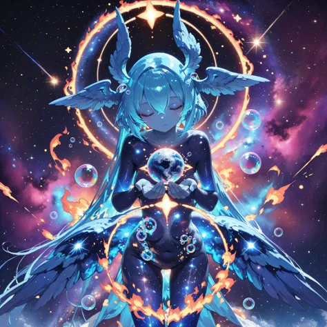 masterpiece, best quality, ultra detailed, fantasy illustration, (beautiful siren:1.2), 1girl, solo, full body, floating, skyblue skin, (nude:1.2), (naked:1.2), (Cosmic body:1.2), hairless, bird tail, skyblue bird tail, (large blue head wings:1.2), detaile...