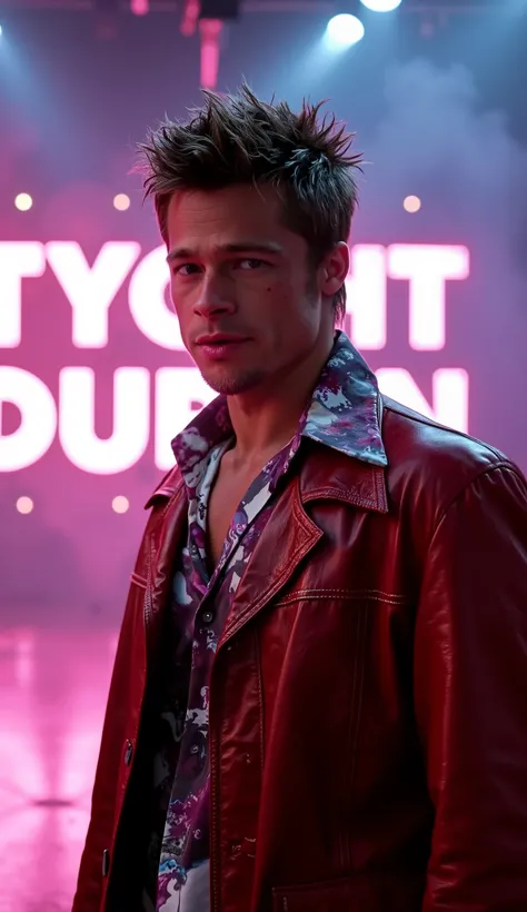 Ultra-realistic 4K cinematic portrait of Brad Pitt as Tyler Durden from Fight Club, walking toward the camera on a fashion show runway, upper body focus, wearing his signature red leather jacket with worn textures, patterned shirt underneath, messy spiked ...