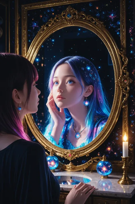 Woman's face reflected in a lavishly decorated mirror,  masterpiece, Highest Quality, World of Mirrors, Distorted reflection , Mirror, fantastic, Surrealistic, anime style, high resolution, 8k, Detailed, mysterious atmosphere, light and shadow, Deep colors...