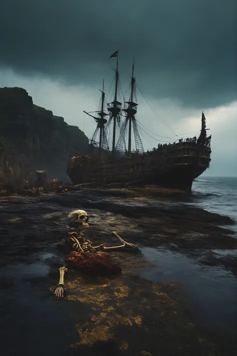 pirate、storm、pirate船、Skeleton、Ghost Ship, High quality 4K, Extreme detail, Photo-Level Reality, HDR,  Professional Photography , Vivid Color, Bokeh, Marine Scene, harsh cliff rocks, Dark cloudy sky, Creepy atmosphere, Miscellaneous complex shadows, Surreal...