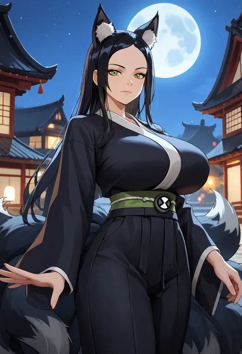 {{masterpiece, ultra-high quality, professionally detailed, professionally shaded}}, 1girl, solo, closed mouth, long hair, black hair, green eyes, hair ornament, fox ears, black ears, multiple tails, nine tails, 9tails, Big tails, fox tail, black tails,
mu...