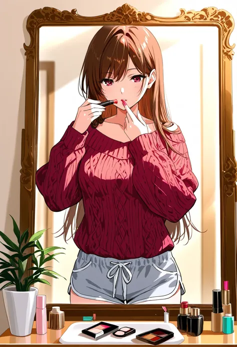 Beautiful woman 30 years old married woman Glamour knit shorts I'm applying makeup while looking in the mirror Apply gloss