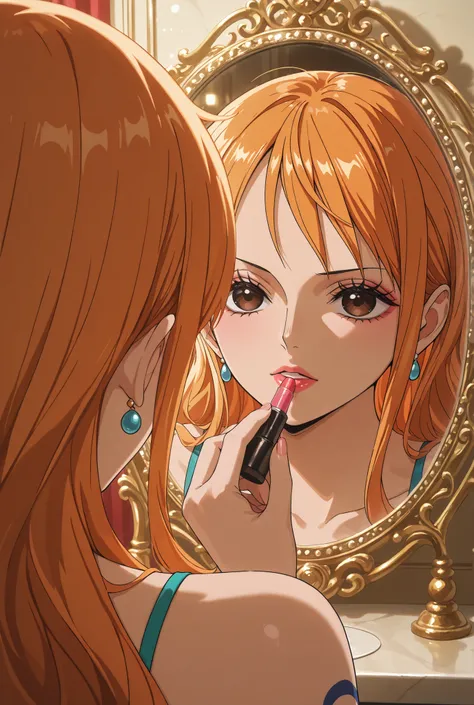 748cmstyle,masterpiece, best quality, very aesthetic, newest, (Nami_ONE PIECE), 1girl solo, wearing makeup, applying lipstick to the lips, decorative luxurious mirror, reflected in the mirror, Reflections
,anime screencap,anime coloring,anime screenshot