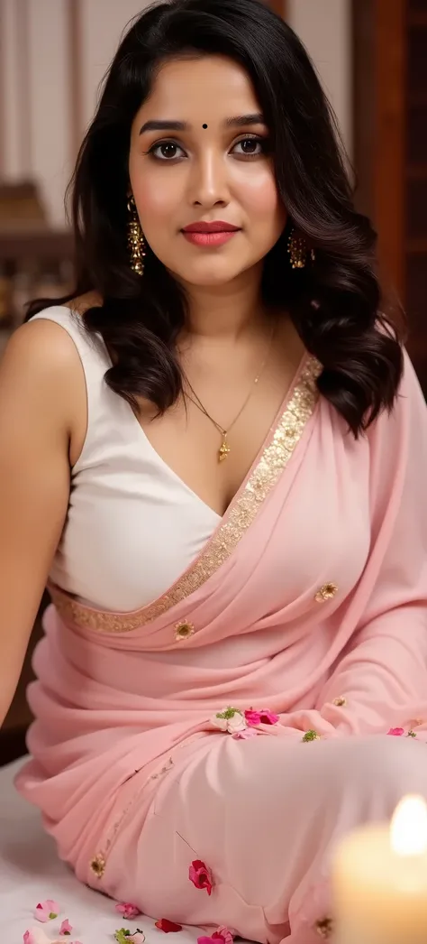Front view, looking at viewer, erotic busty young woman, transparent soft silk minimal floral print light baby pink and white saree with push up u cut deep neck white blouse, bare cleavage full image curvy navel, large  , focus on cleavage, super plumpy sh...