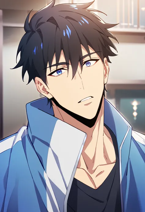 score_9, score_8_up, score_7_up, One person, male focus, Source_anime, Sung Jin Woo, black hair, blue eyes, Pectorals, jacket, open jacket, Indoor, solo, staring at viewers, best quality, Great Quality, Best Aesthetic, very high resolution, 2023