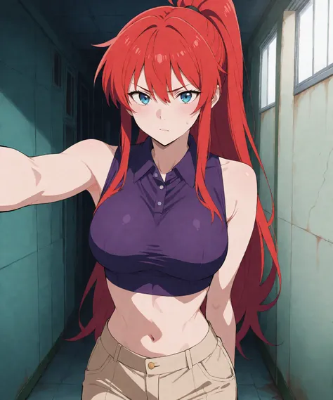 score_9, score_8_up, score_7_up, 1girl, solo, beautiful sexy anime girl with very long red hair ponytail & blue eyes, badass female, wearing purple sleeveless collared crop top & beige khaki pants, inside of a abandoned parking garage at night time
