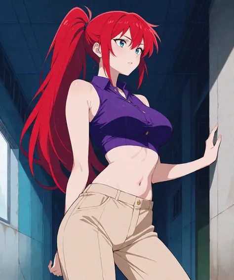 score_9, score_8_up, score_7_up, 1girl, solo, beautiful sexy anime girl with very long red hair ponytail & blue eyes, badass female, wearing purple sleeveless collared crop top & beige khaki pants, inside of a abandoned parking garage at night time