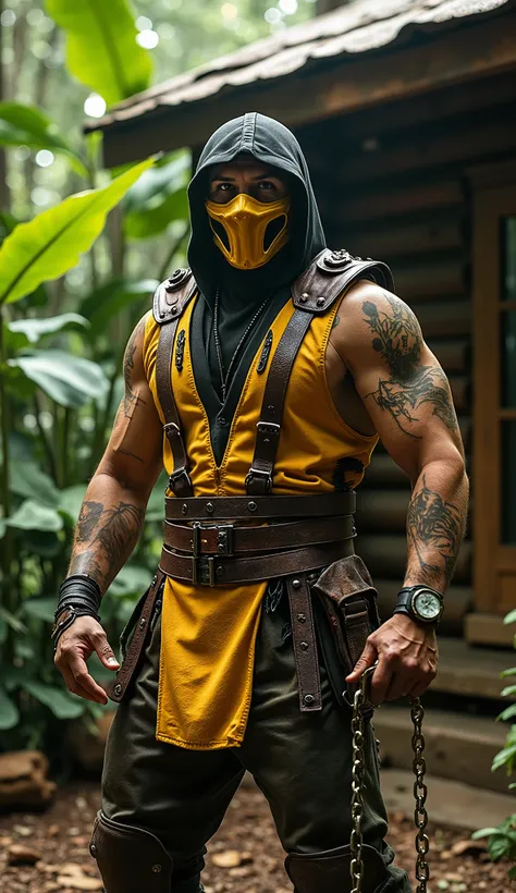 Ultra-realistic 8K cinematic shot of Scorpion from Mortal Kombat standing in front of a rustic wooden log cabin in a dense tropical jungle. Wearing his iconic yellow and black ninja armor with hyper-detailed textures, leather straps, and weathered battle d...
