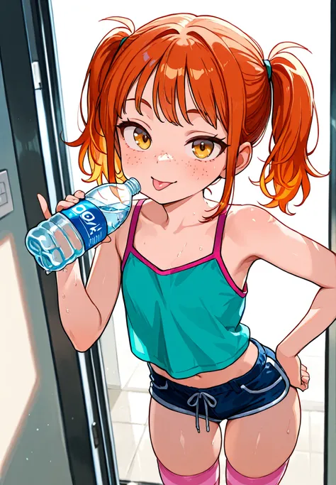 1girl , tanktop , hotpants , long pigtails , ginger_hair , freckles, flat_chest , slim thighs, pink_striped_thighhighs , drinking water from bottle , glancing_at_viewer , tongue_out , hot day, sexy pose , alluring atmosphere , cinematic lighting,BREAK, mas...