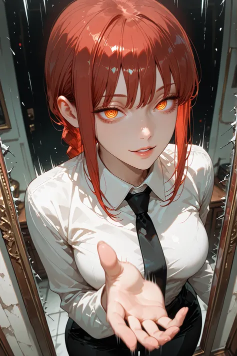 1girl, makima (chainsaw man), red hair, ringed eyes, braided ponytail, solo, black necktie, shirt, collared shirt, black pants, good anatomy, standing, abstract background, sensual look, sexy, attractive, looking at the viewer, detailed hands, standing, in...