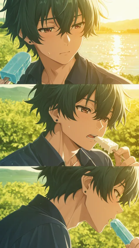 masterpiece, beautiful scene, high quality, male focus, BrantWUWA, 1boy, anime screencap, sunny day, eating ice cream at a lake side