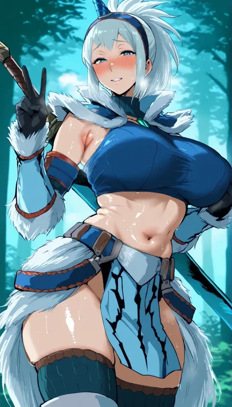 Anime Girls, cowboy shot, 1girl, solo, mature, adult, milf, 
looking at viewer, front view, horny, sweat, nervous, deep forest,
monster hunter, ,kirin beta armor, white single horn hairband, white detached sleeves, white hair, black bandeau, white knee boo...