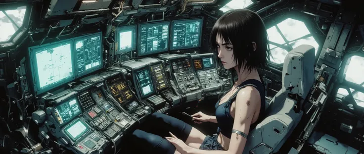 [[Anime Scene]] [[Anime Background]] A masterpiece, very current, high quality, 90s style anime scene, with a dark and retro atmosphere, inspired by 90s anime. [[High angle]] From above, a view of the ceiling - the camera captures a very beautiful young wo...